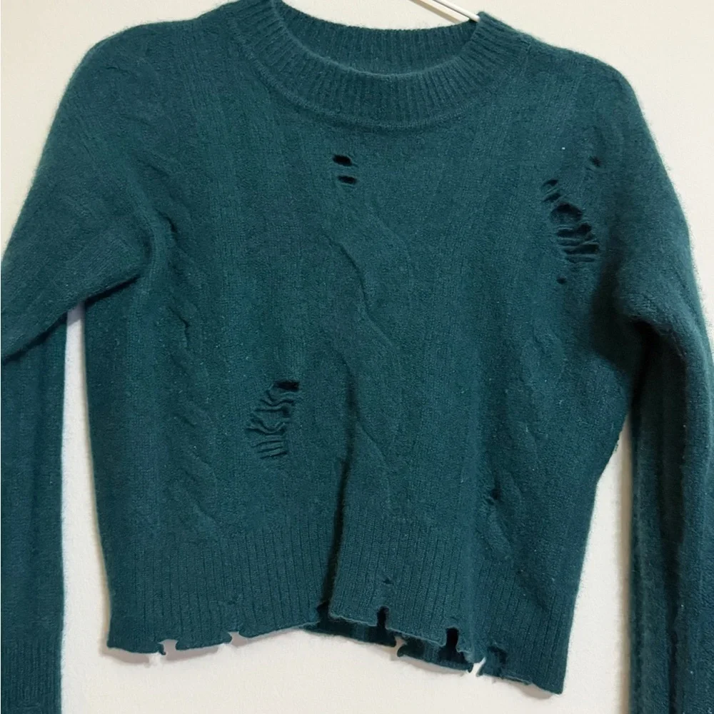 Aqua Distressed Teal Crew Neck Sweater